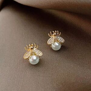 Golden Honeybee Pearl Stud Earrings